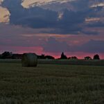 Strohballen auf Feld bei Sonnenuntergang
